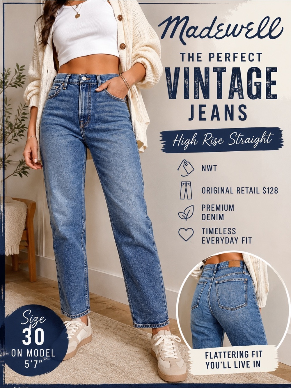 NWT Madewell The Perfect Vintage High Rise Straight Jeans Medium Wash 30